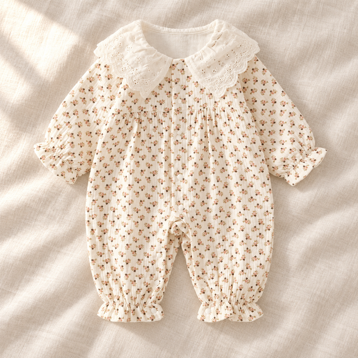 The Peter Pan Floral Baby Romper — Style 02 studio photograph