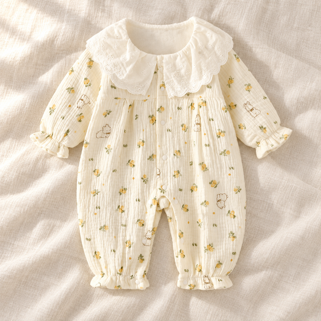 The Peter Pan Floral Baby Romper — Style 03 studio photograph