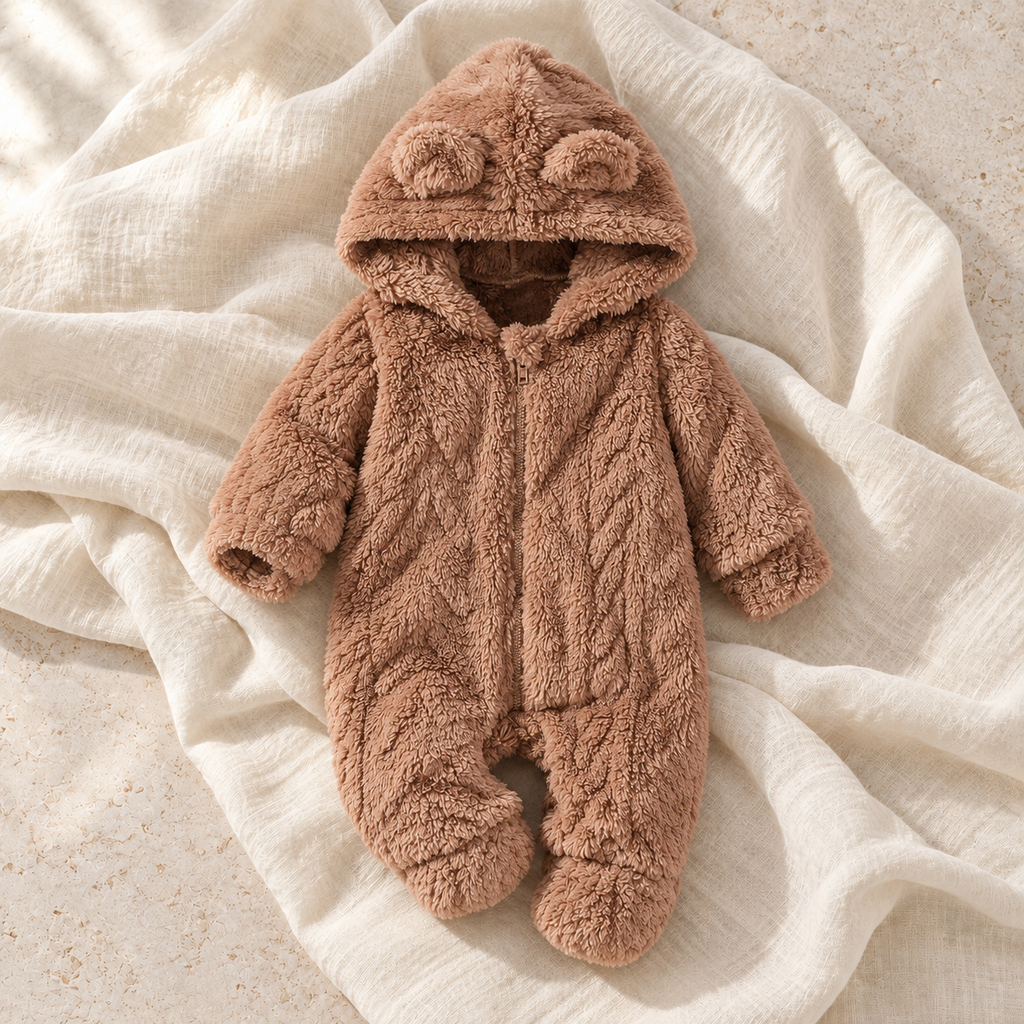 Cocoa brown plush hooded zip baby romper on ivory linen