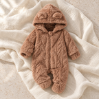 Cocoa brown plush hooded zip baby romper on ivory linen