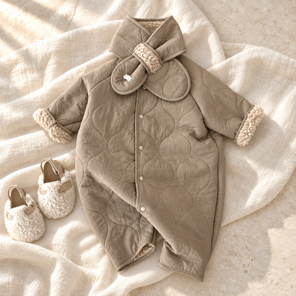 Coffee taupe padded baby romper and matching booties on ivory linen