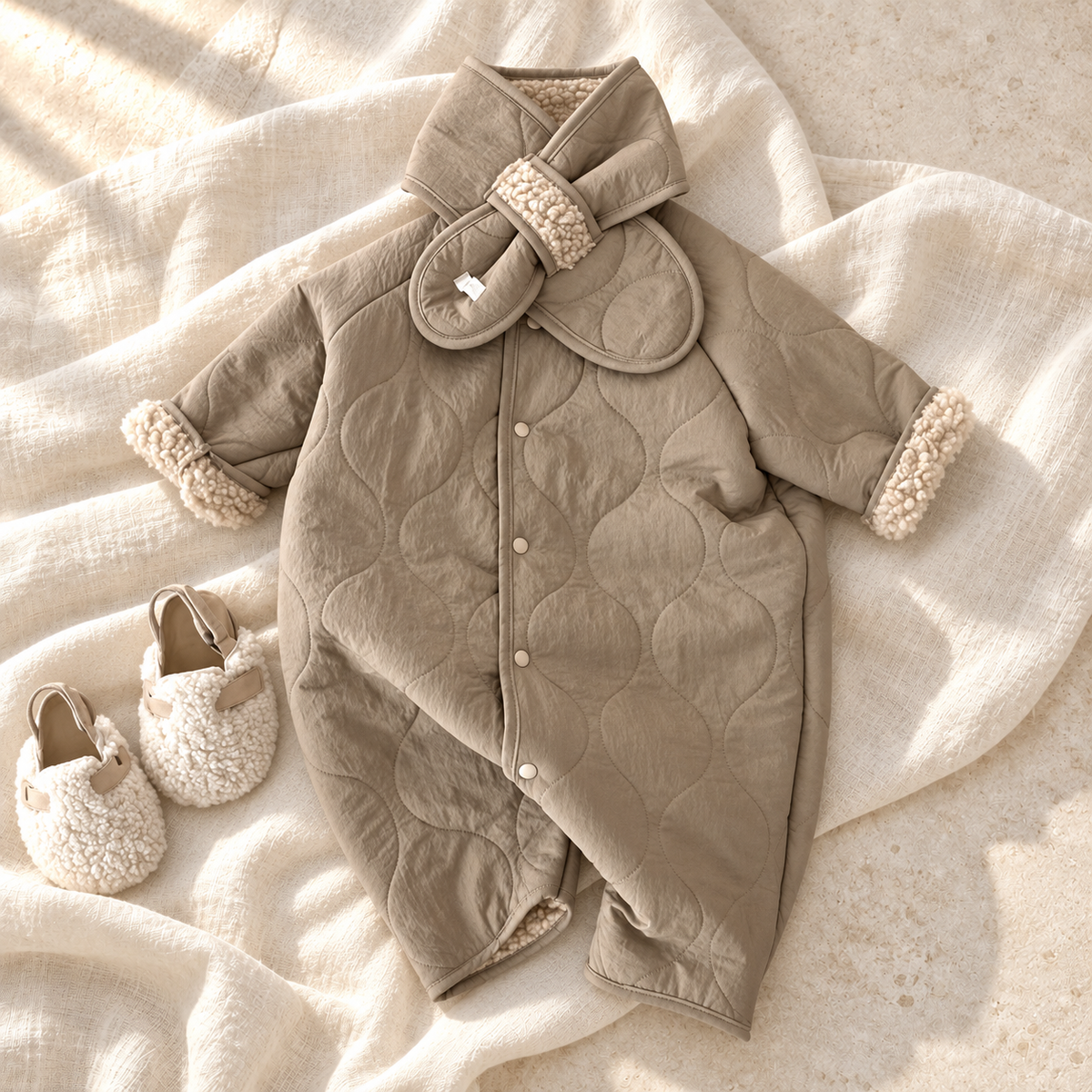 Coffee taupe padded baby romper and matching booties on ivory linen