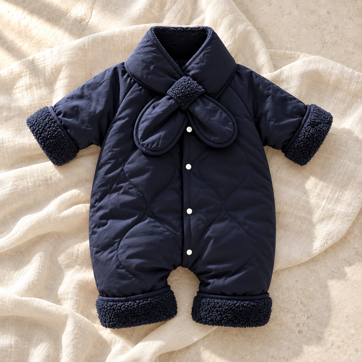 Navy blue padded baby romper with plush collar on ivory linen