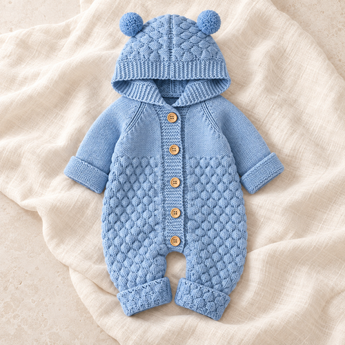The Bear Ear Knit Baby Romper studio photograph on ivory linen