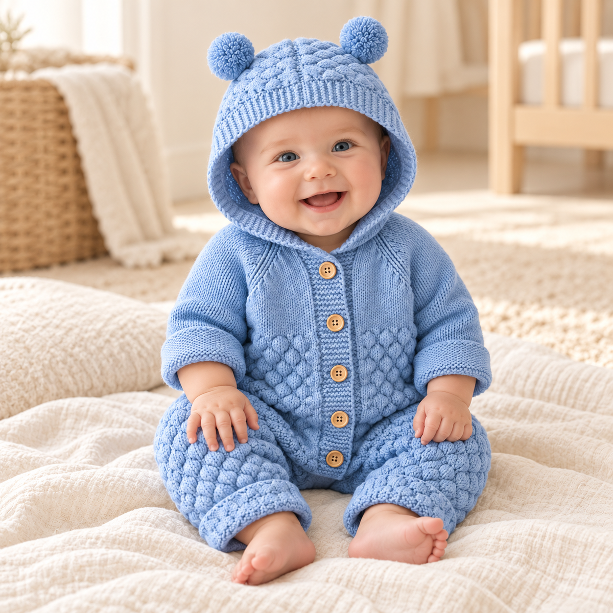 Baby wearing The Bear Ear Knit Baby Romper in a warm nursery