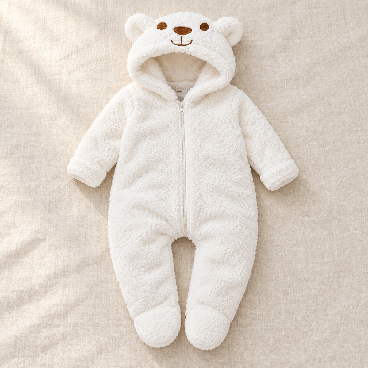 The Bear Hooded Baby Footie studio photograph on ivory linen