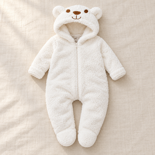 The Bear Hooded Baby Footie studio photograph on ivory linen
