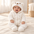 Baby wearing The Bear Hooded Baby Footie in a warm nursery