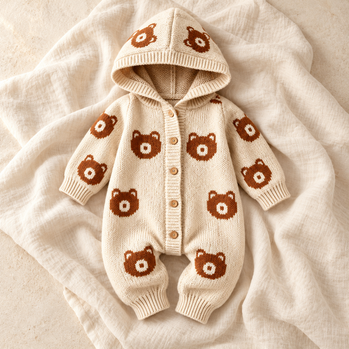 The Bear Hooded Knit Romper studio photograph on ivory linen