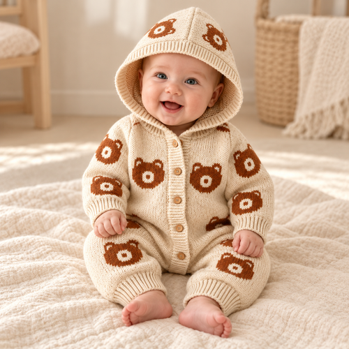 Baby wearing The Bear Hooded Knit Romper in a warm nursery