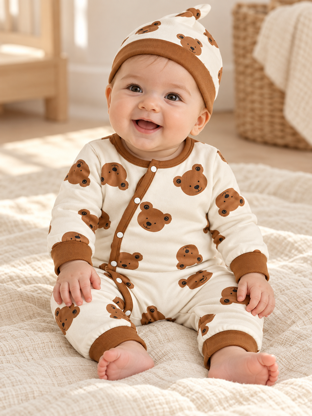 Baby wearing a printed outfit from The Little Prints Baby Outfit Edit