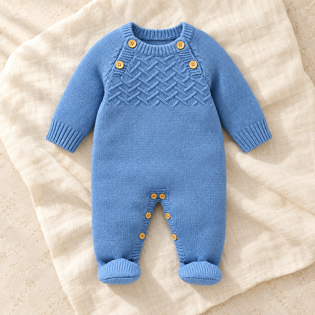 The Blue Crewneck Knit Romper studio photograph on ivory linen