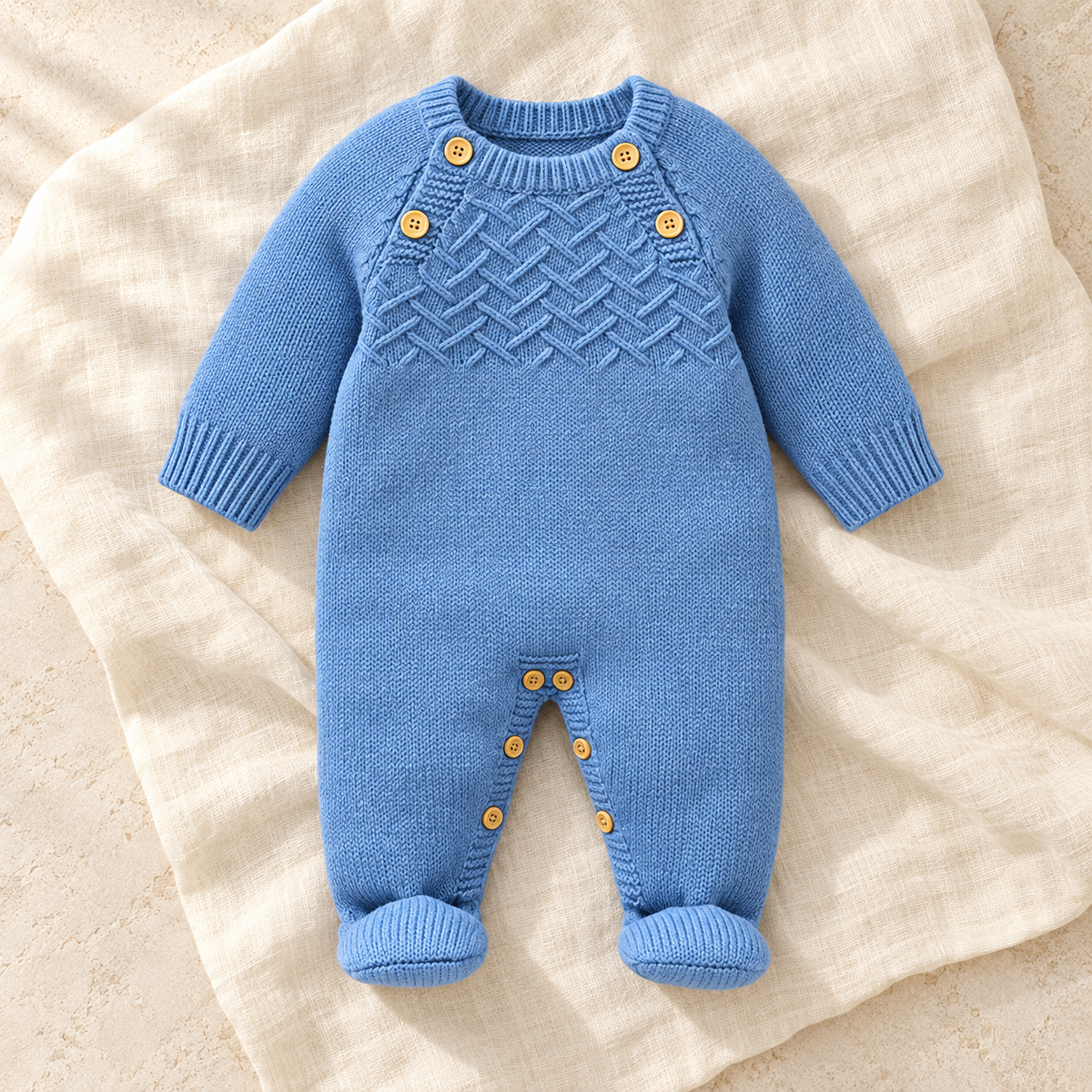 The Blue Crewneck Knit Romper studio photograph on ivory linen
