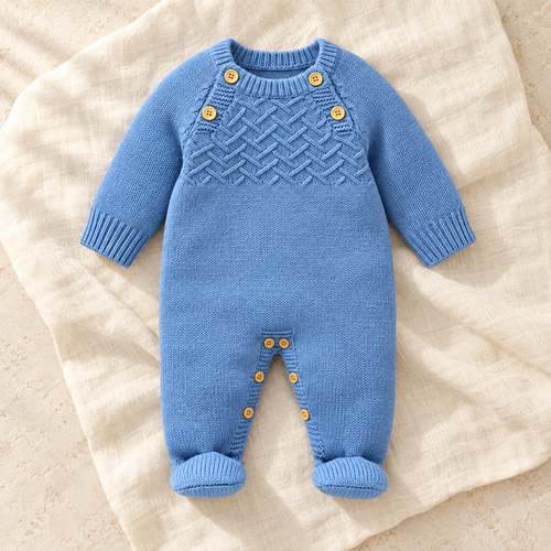 The Blue Crewneck Knit Romper studio photograph on ivory linen