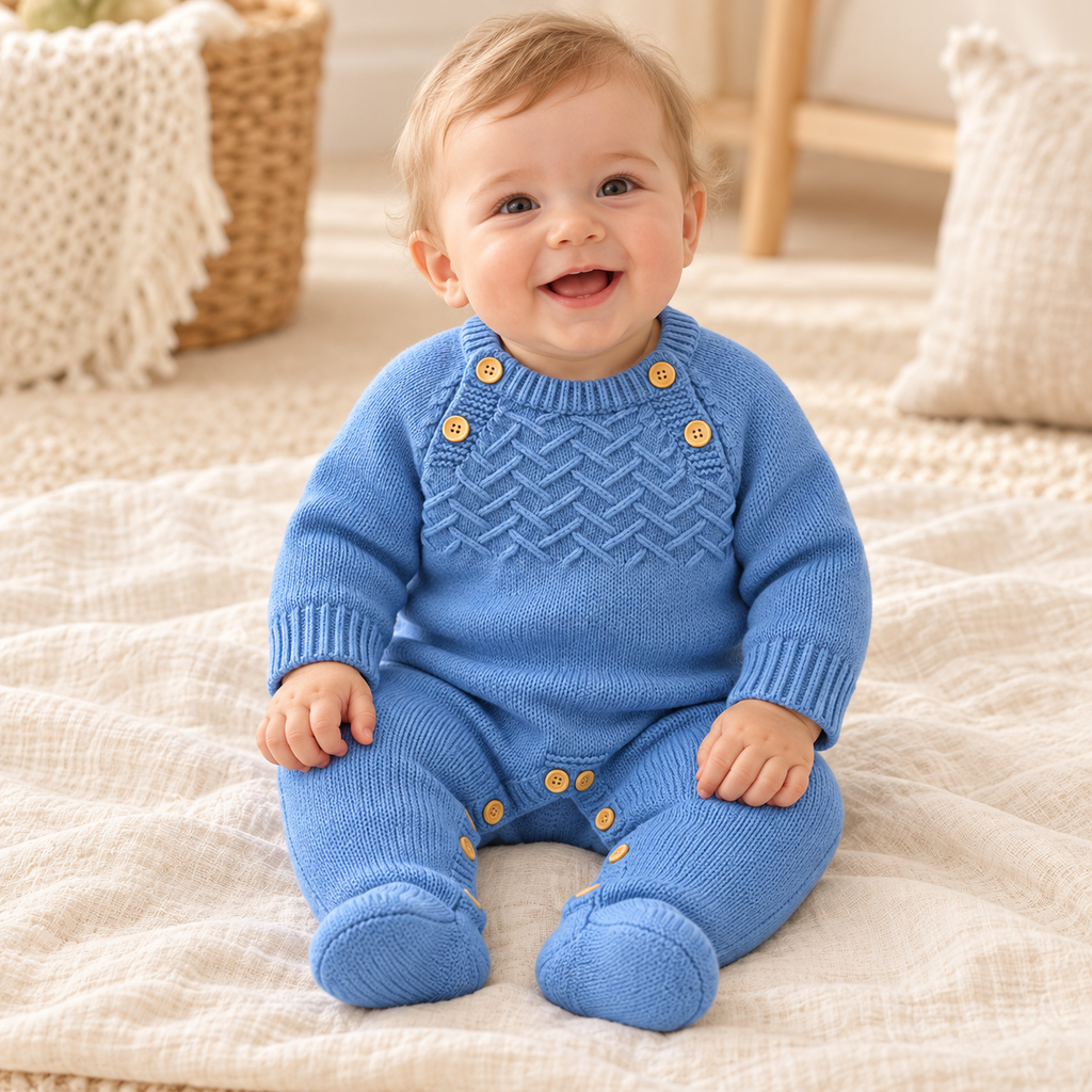 Baby wearing The Blue Crewneck Knit Romper in a warm nursery
