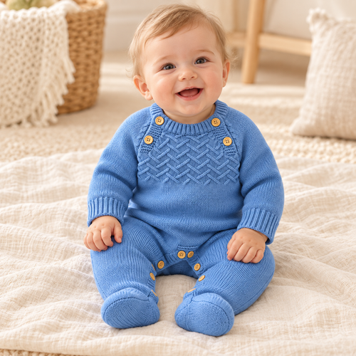 Baby wearing The Blue Crewneck Knit Romper in a warm nursery