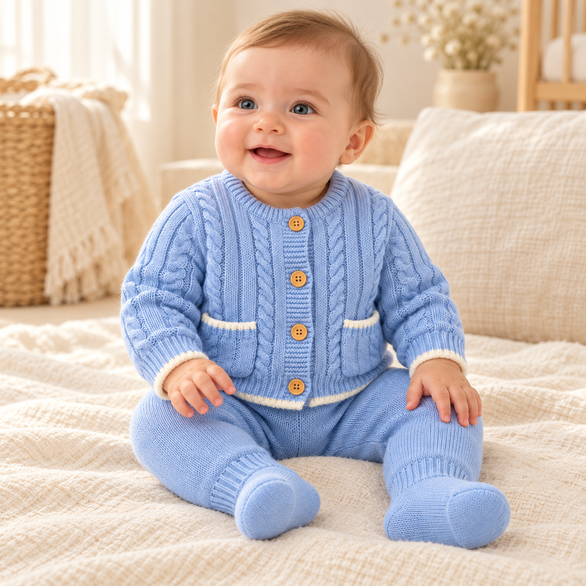 Baby wearing The Blue Knit Cardigan & Trouser Set in a warm nursery