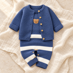 The Blue Knit Jacket & Romper Set studio photograph on ivory linen