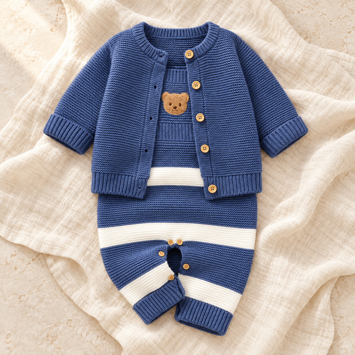 The Blue Knit Jacket & Romper Set studio photograph on ivory linen