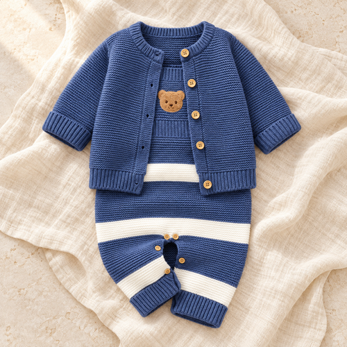 The Blue Knit Jacket & Romper Set studio photograph on ivory linen