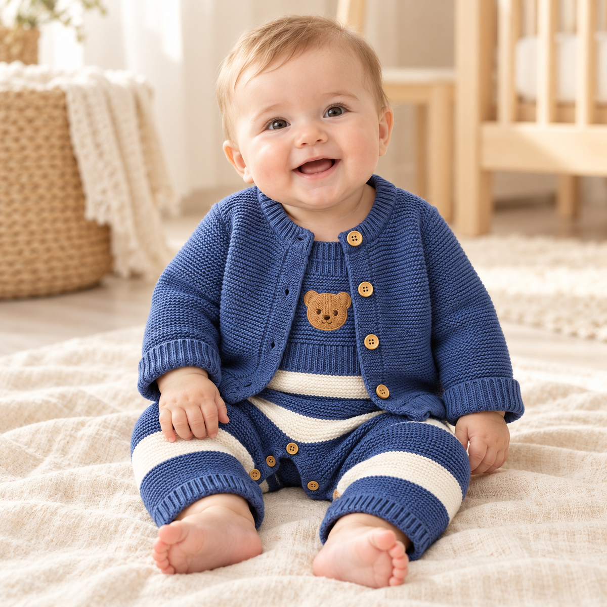 Baby wearing The Blue Knit Jacket & Romper Set in a warm nursery