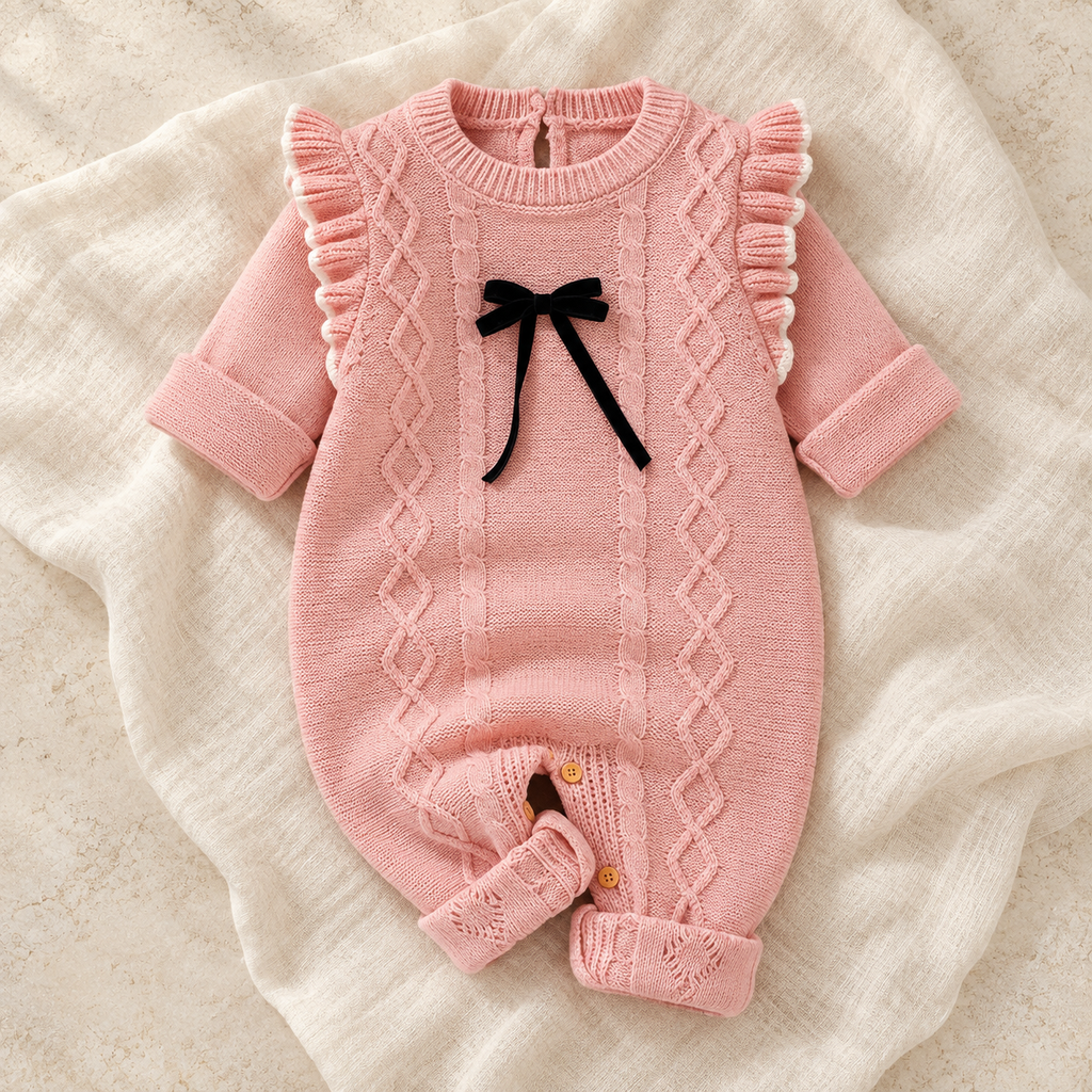 The Blush Knit Baby Romper studio photograph on ivory linen