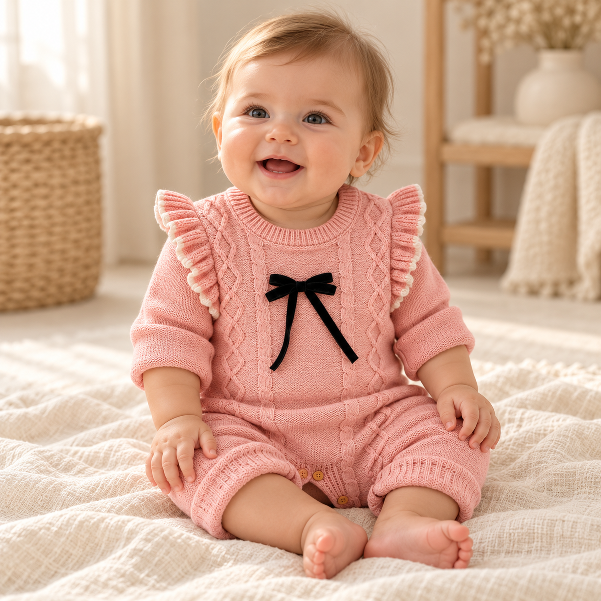 Baby wearing The Blush Knit Baby Romper in a warm nursery