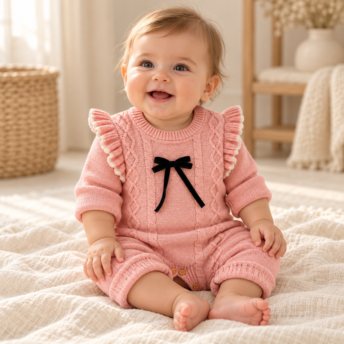 Baby wearing The Blush Knit Baby Romper in a warm nursery