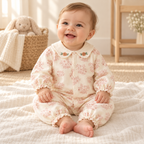 Baby wearing The Botanical Cotton Baby Romper in a warm nursery