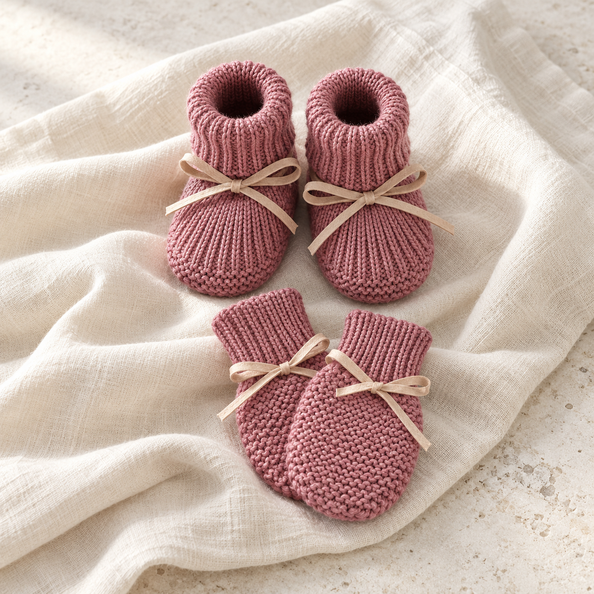 The Bow Knit Booties & Mittens Set studio photograph on ivory linen