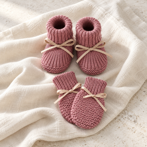 The Bow Knit Booties & Mittens Set studio photograph on ivory linen