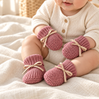 Baby wearing The Bow Knit Booties & Mittens Set in a warm nursery