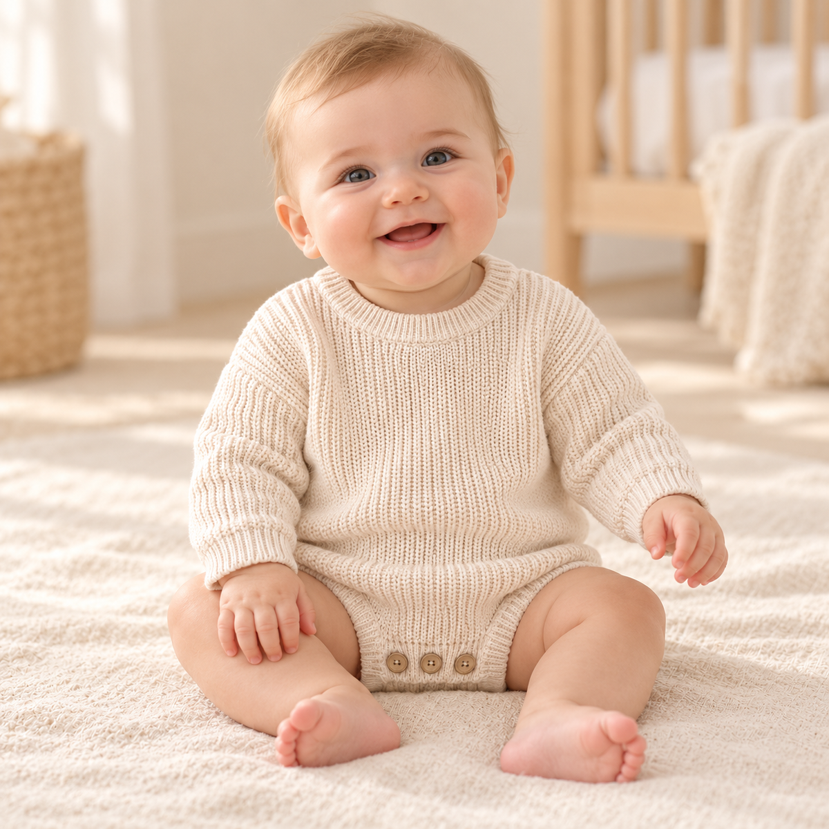 Baby wearing The Button Knit Baby Romper in a warm nursery