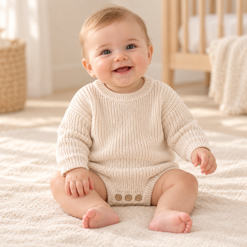 Baby wearing The Button Knit Baby Romper in a warm nursery