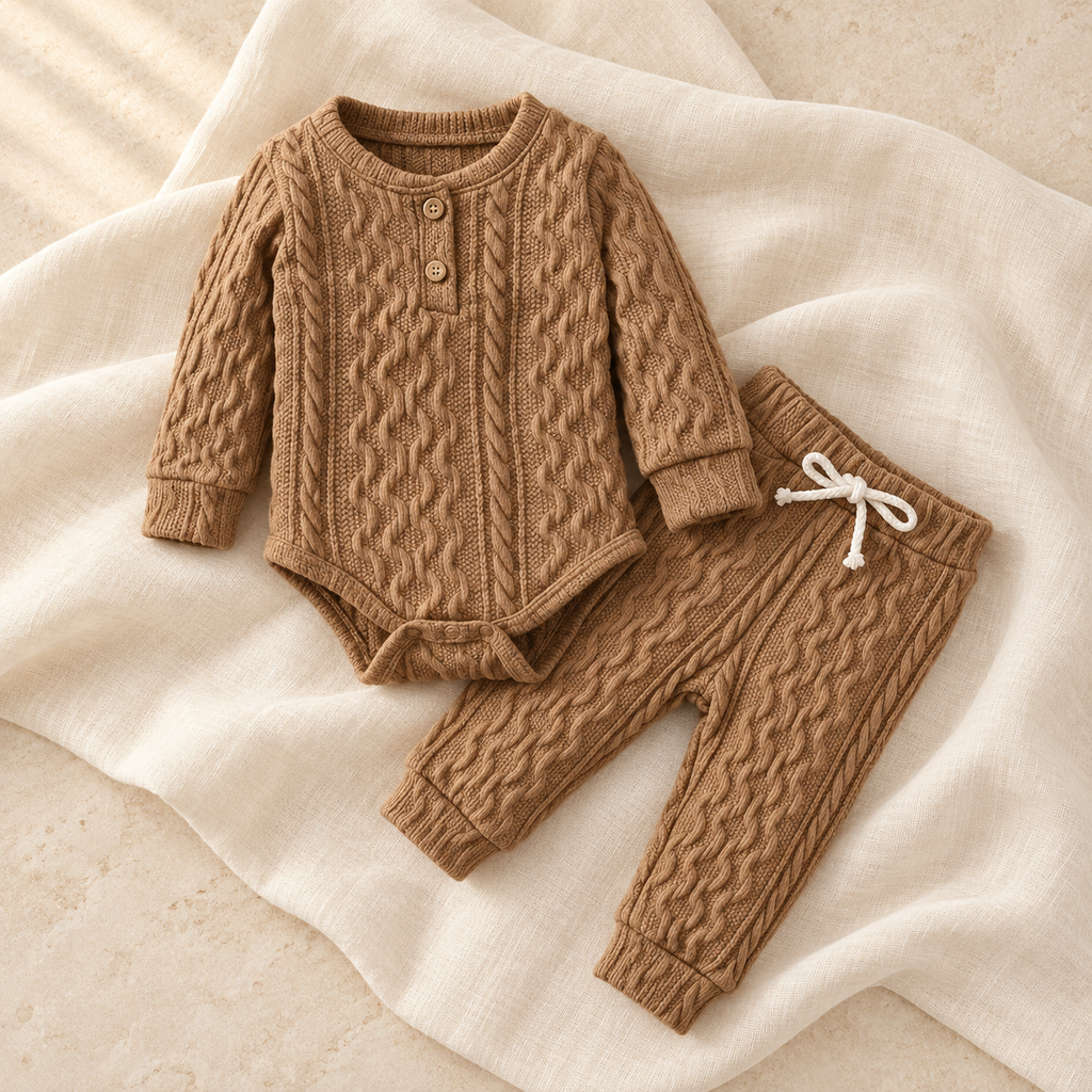 The Button Knit Top & Trouser Set studio photograph on ivory linen