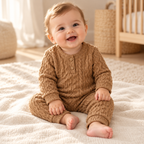 Baby wearing The Button Knit Top & Trouser Set in a warm nursery