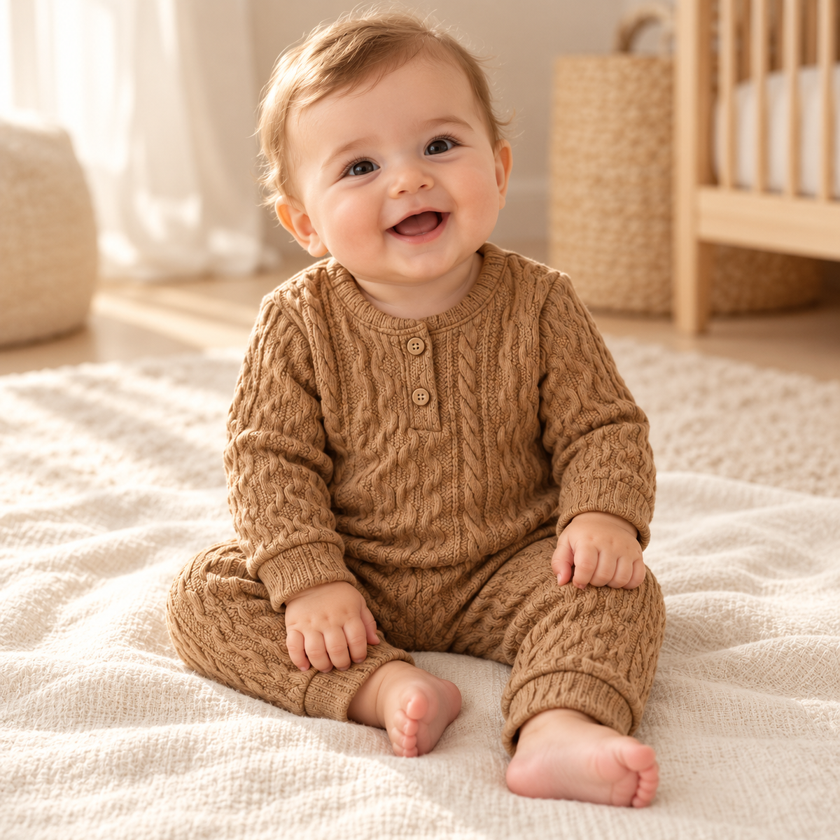Baby wearing The Button Knit Top & Trouser Set in a warm nursery
