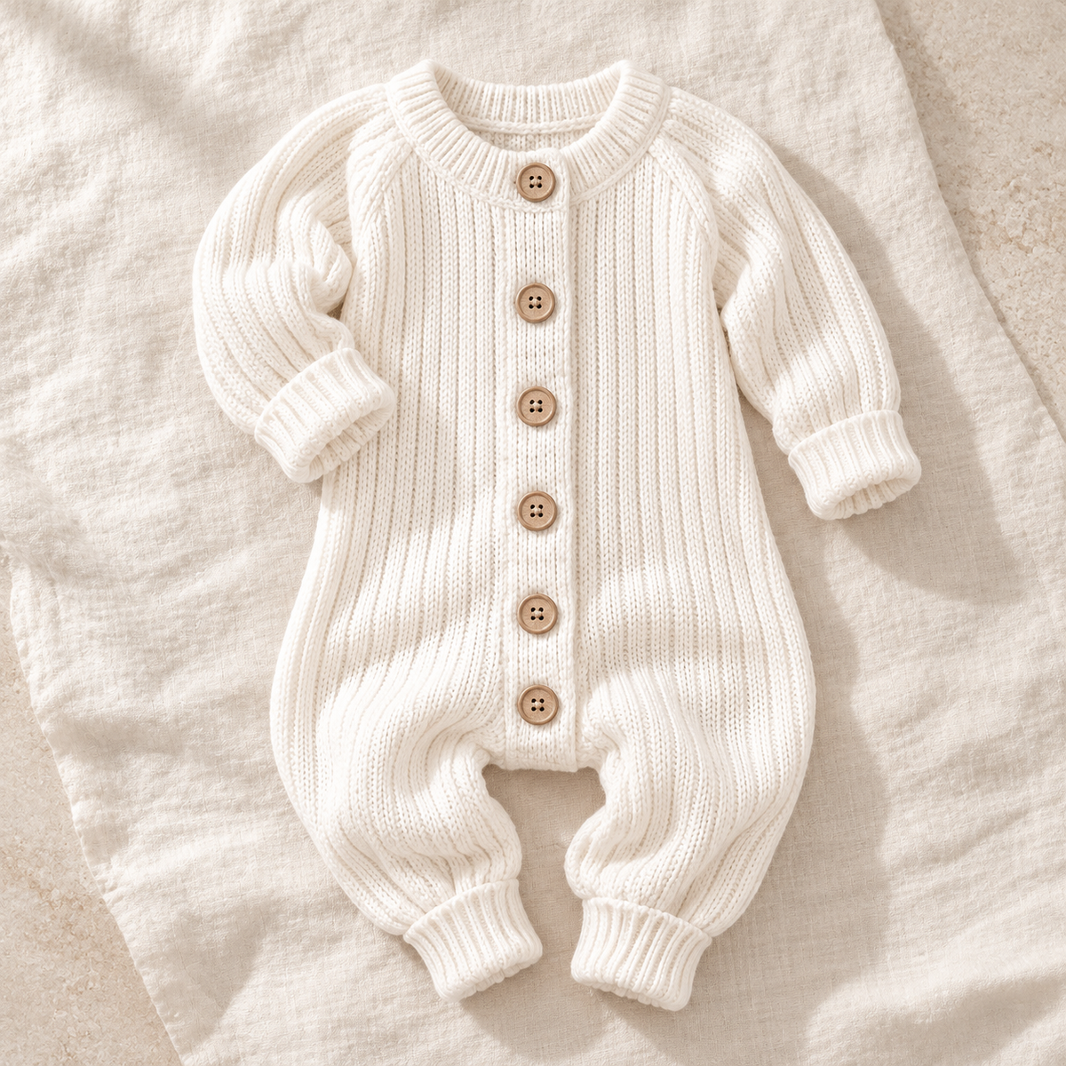 The Classic Button Knit Romper studio photograph on ivory linen