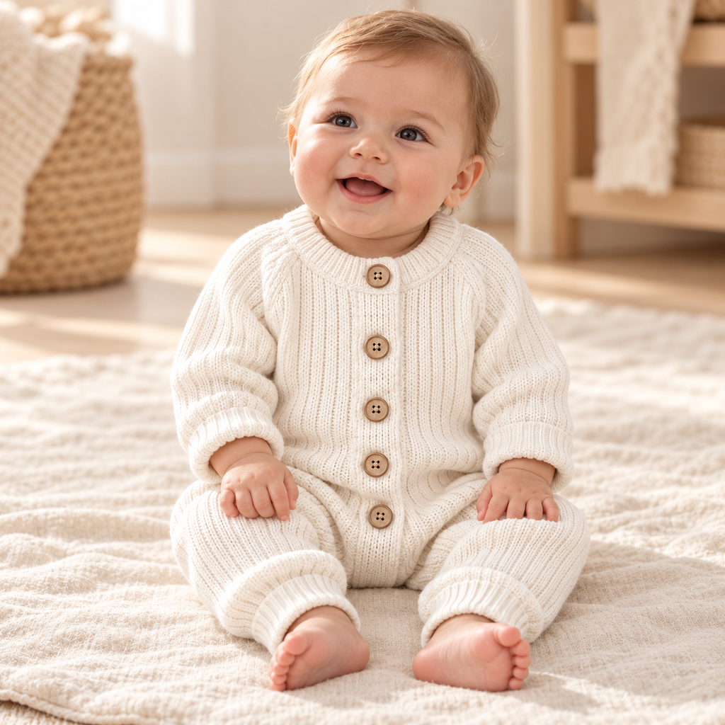 Baby wearing The Classic Button Knit Romper in a warm nursery