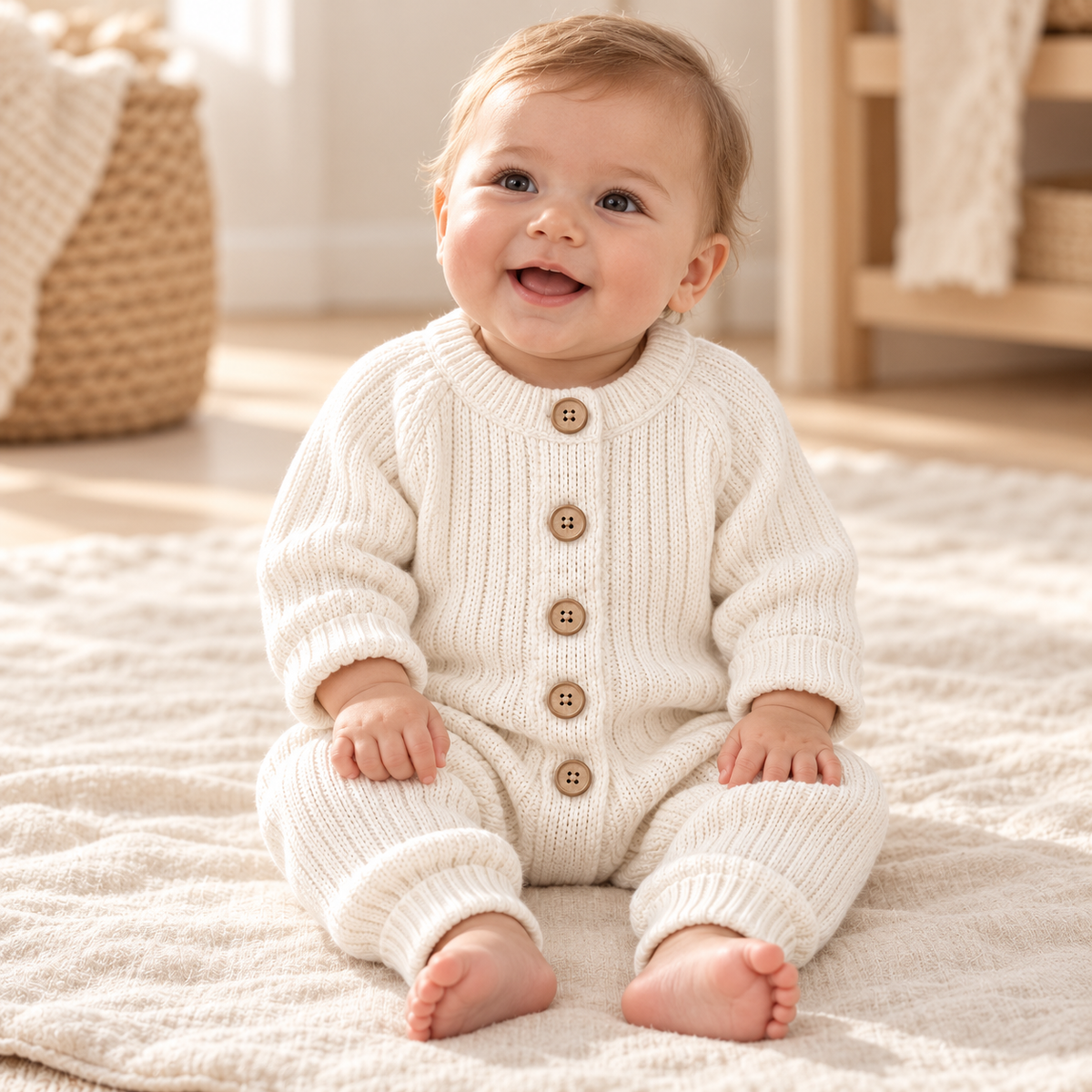 Baby wearing The Classic Button Knit Romper in a warm nursery