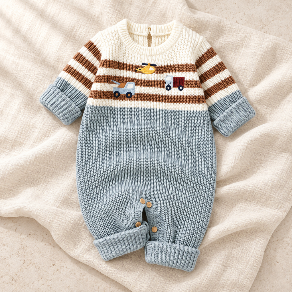 The Classic Crewneck Knit Romper studio photograph on ivory linen