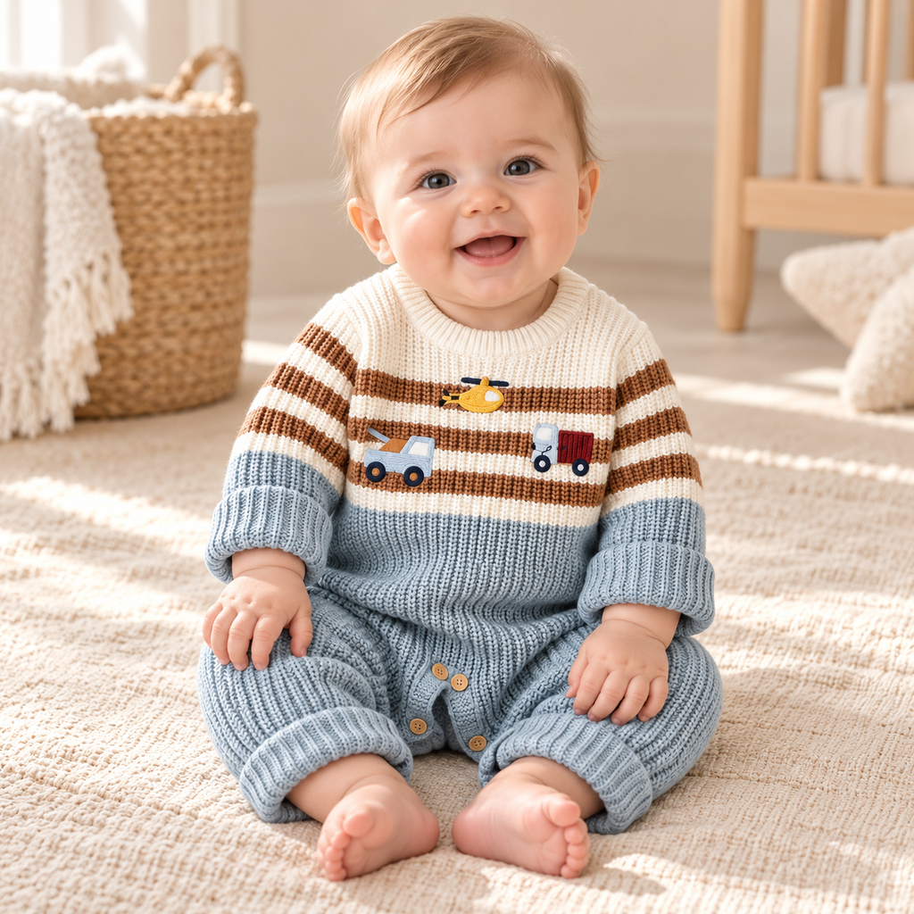 Baby wearing The Classic Crewneck Knit Romper in a warm nursery