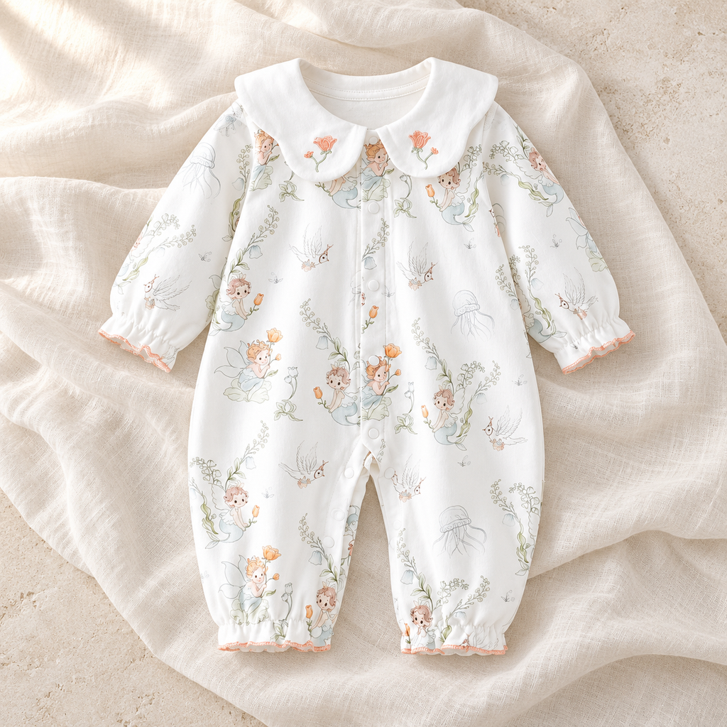 The Collared Cotton Baby Romper studio photograph on ivory linen