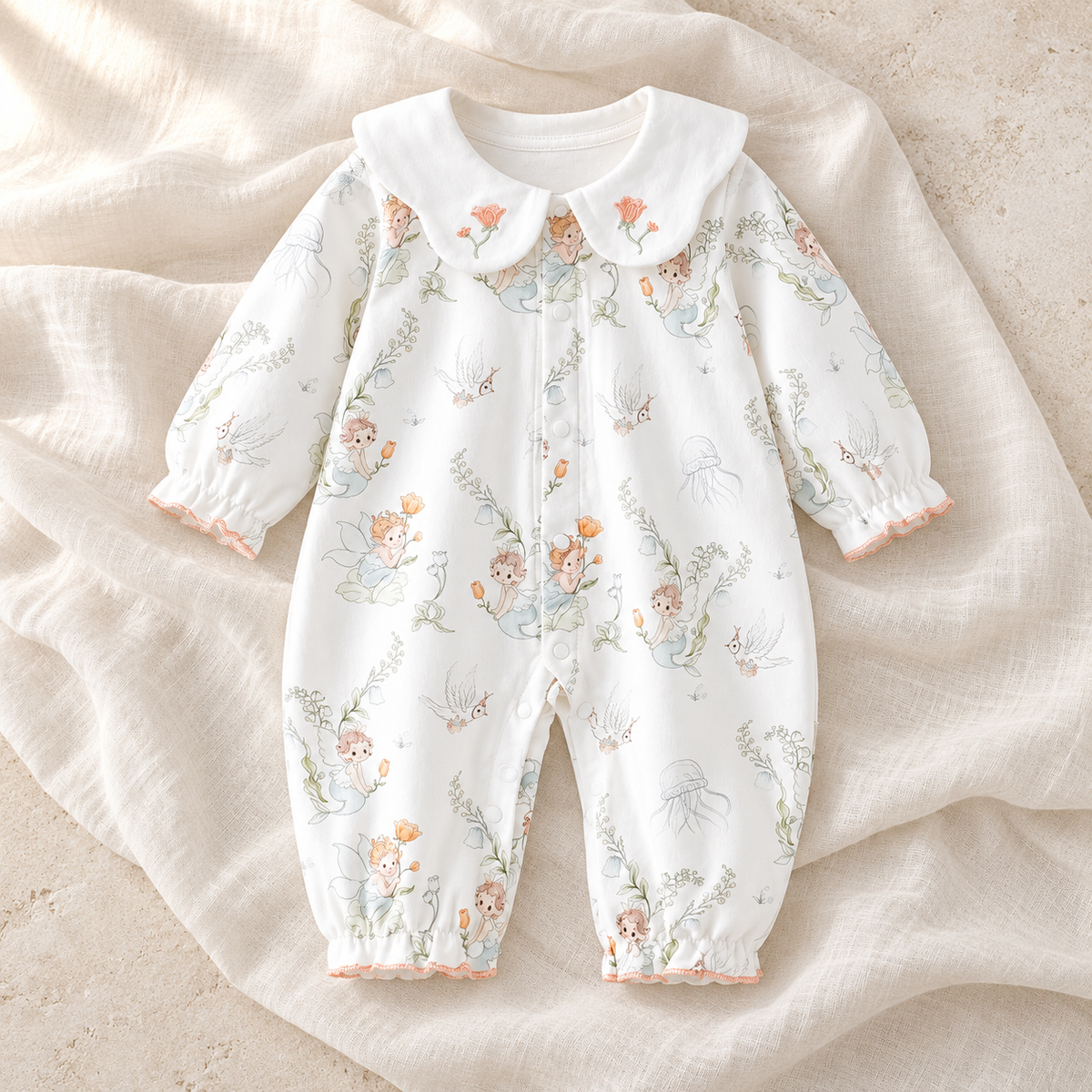 The Collared Cotton Baby Romper studio photograph on ivory linen