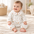 Baby wearing The Collared Cotton Baby Romper in a warm nursery