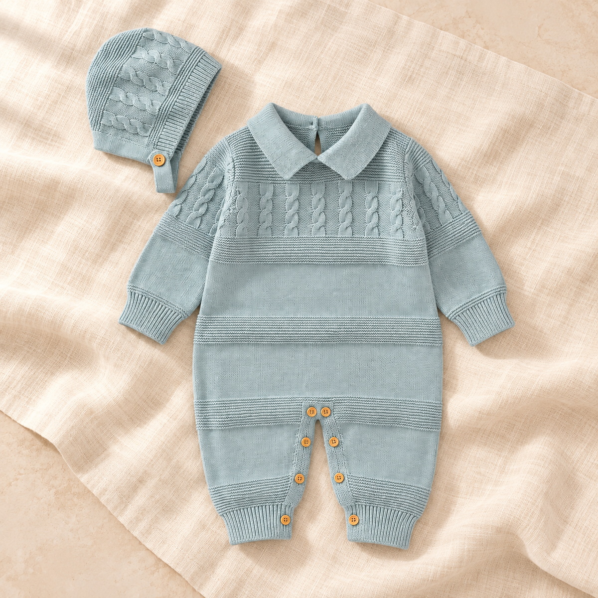 The Cotton Knit Romper & Hat Set studio photograph on ivory linen