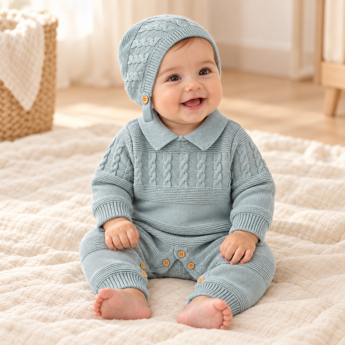 Baby wearing The Cotton Knit Romper & Hat Set in a warm nursery