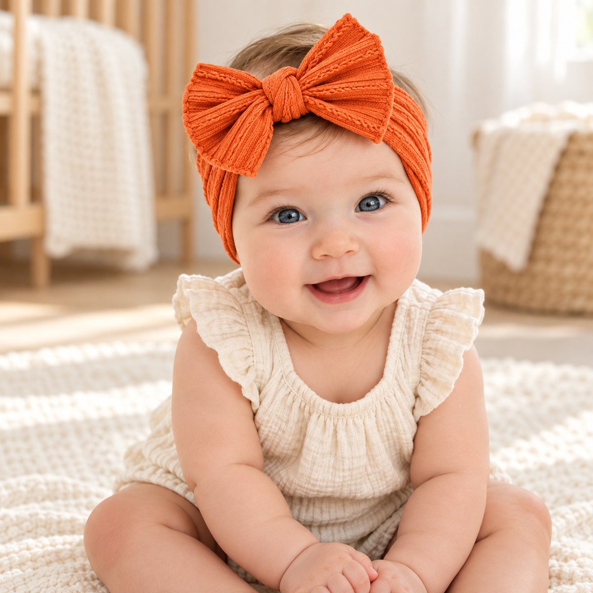 Baby wearing The Everyday Bow Baby Headband in a warm nursery