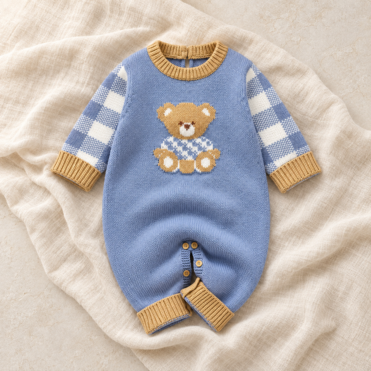 The Everyday Knit Baby Romper studio photograph on ivory linen