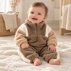 Baby wearing The Fleece High-Neck Two-Piece Set in a warm nursery